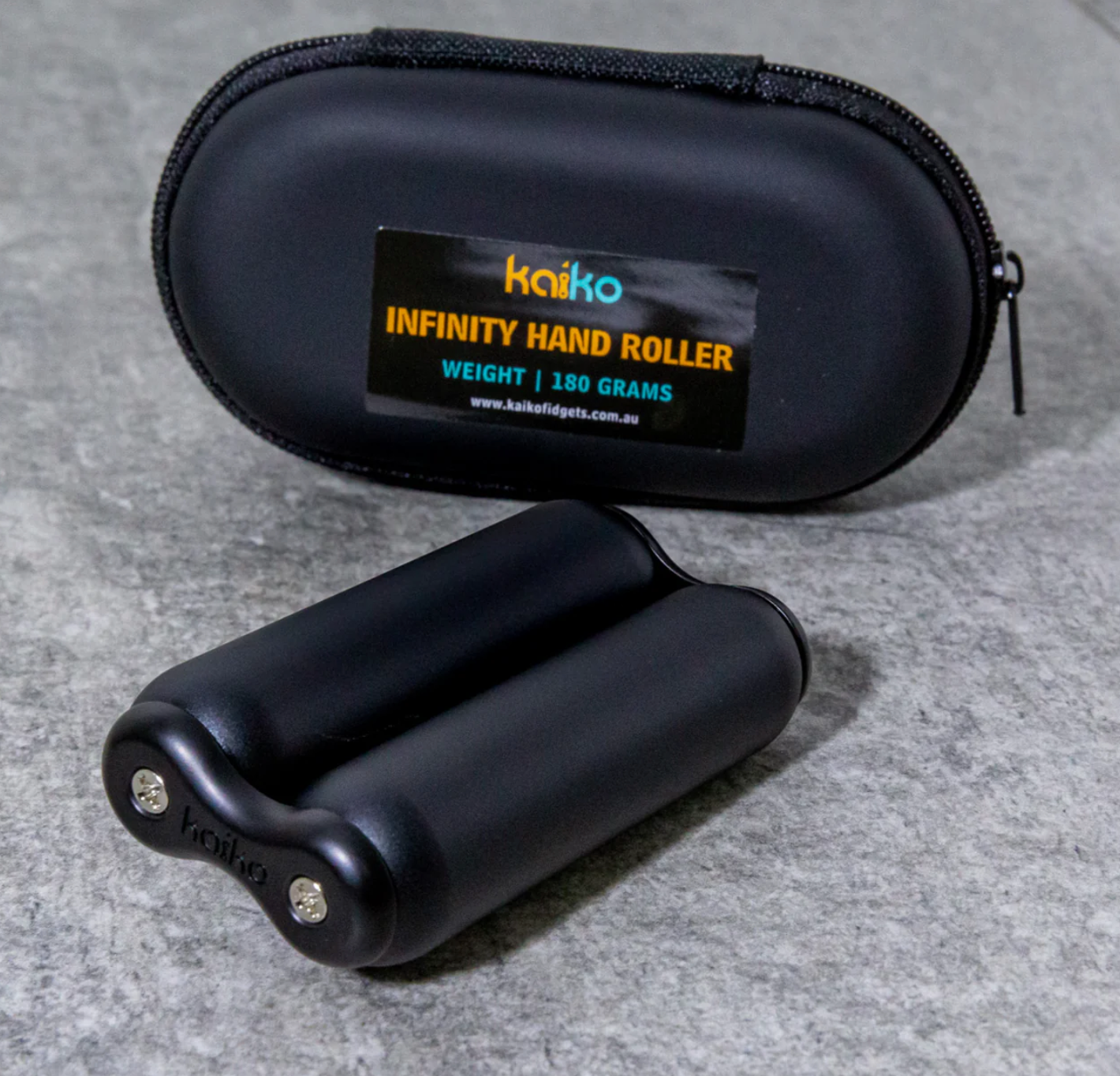 Smooth Black 180 gram Hand Fidget Roller by Kaiko with carry case
