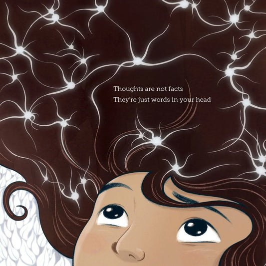 Page from 'Aroha's Choice' book with an illustration of a person with neurons around their head and a sentence about thoughts and facts.