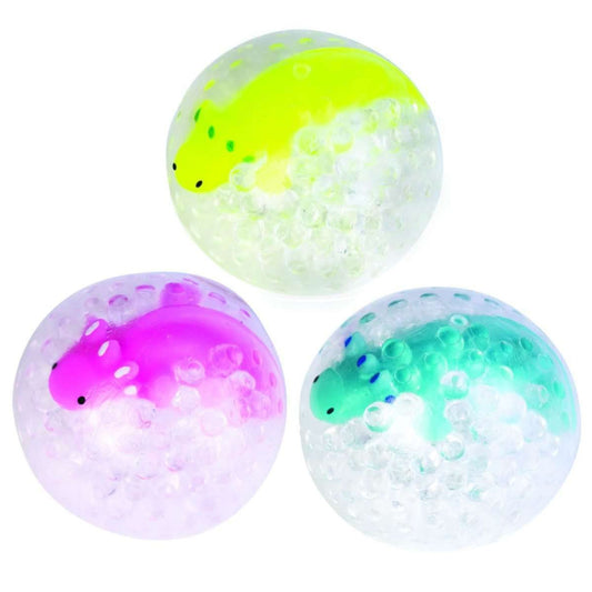Three colourful stress ball squishies with axolotl toys inside on a white background
