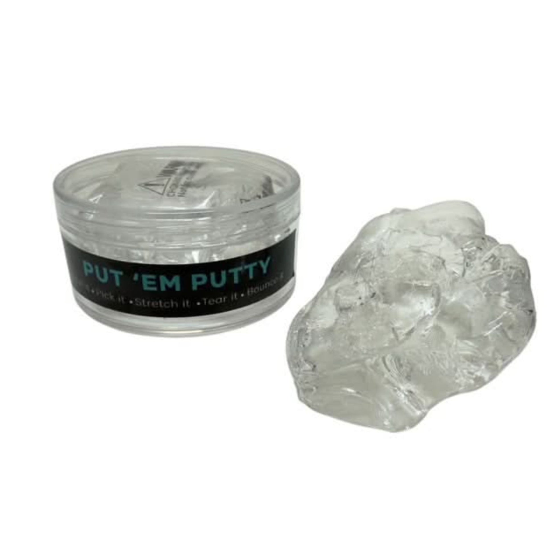 Clear putty jar labeled 'Put 'Em Putty' with a sample of clear putty on a white background