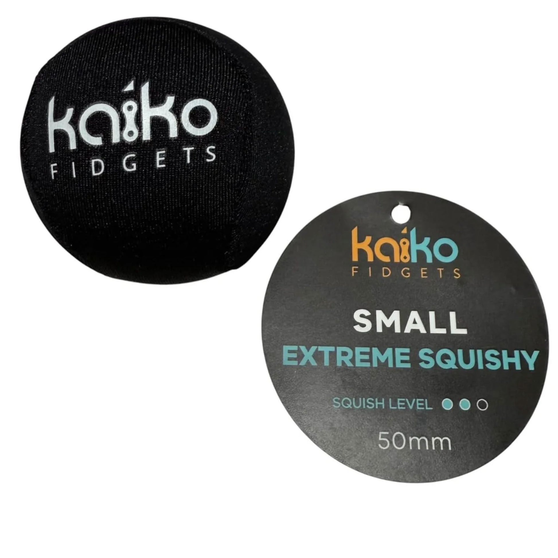 Black fidget ball with 'kaiko fidgets' branding and a label describing its features.