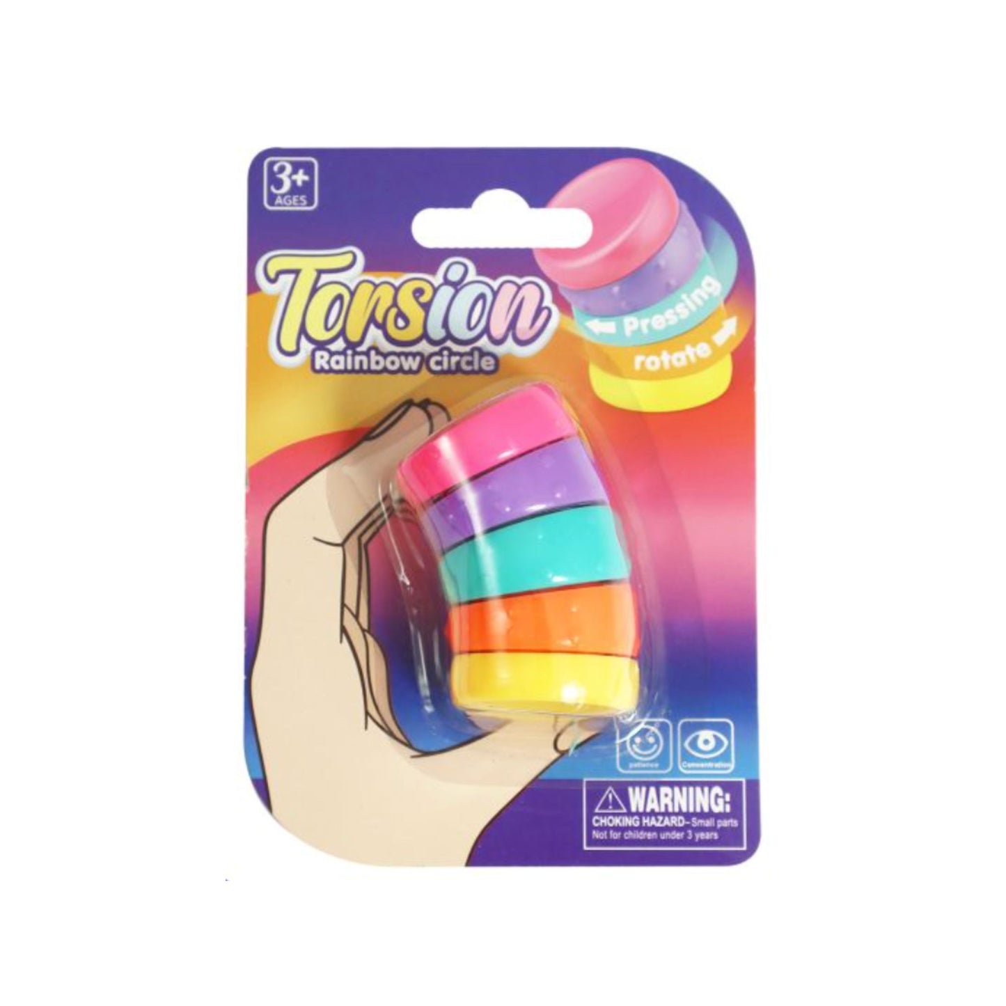 Packaged Torsion Rainbow Circle toy with colourful design on a white background