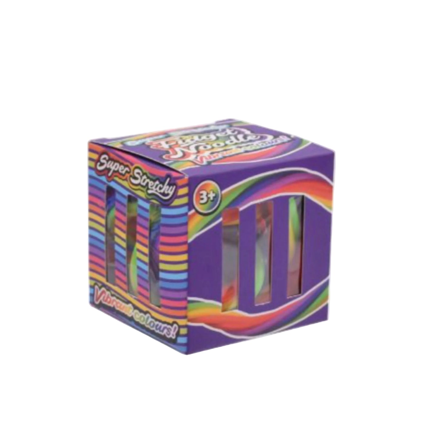 Box of super stretchy fidget noodles with colourful packaging on a white background