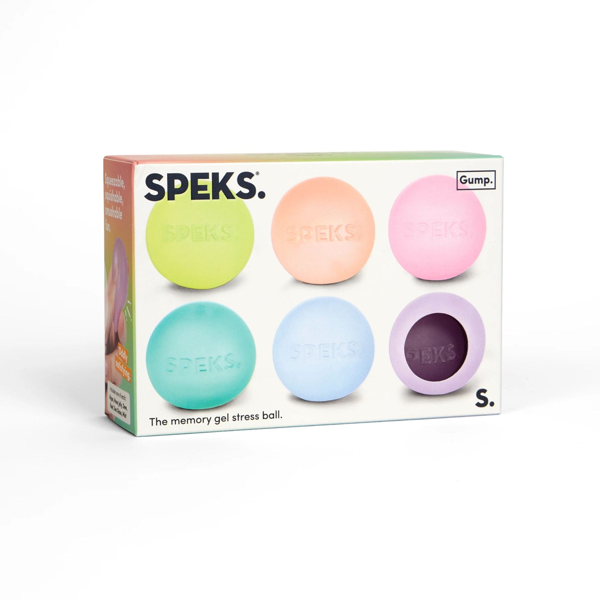 Speks memory gel stress ball packaging with six pastel-coloured balls on a white background