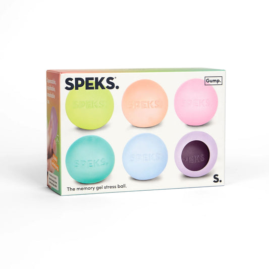 Speks memory gel stress ball packaging with six pastel-coloured balls on a white background