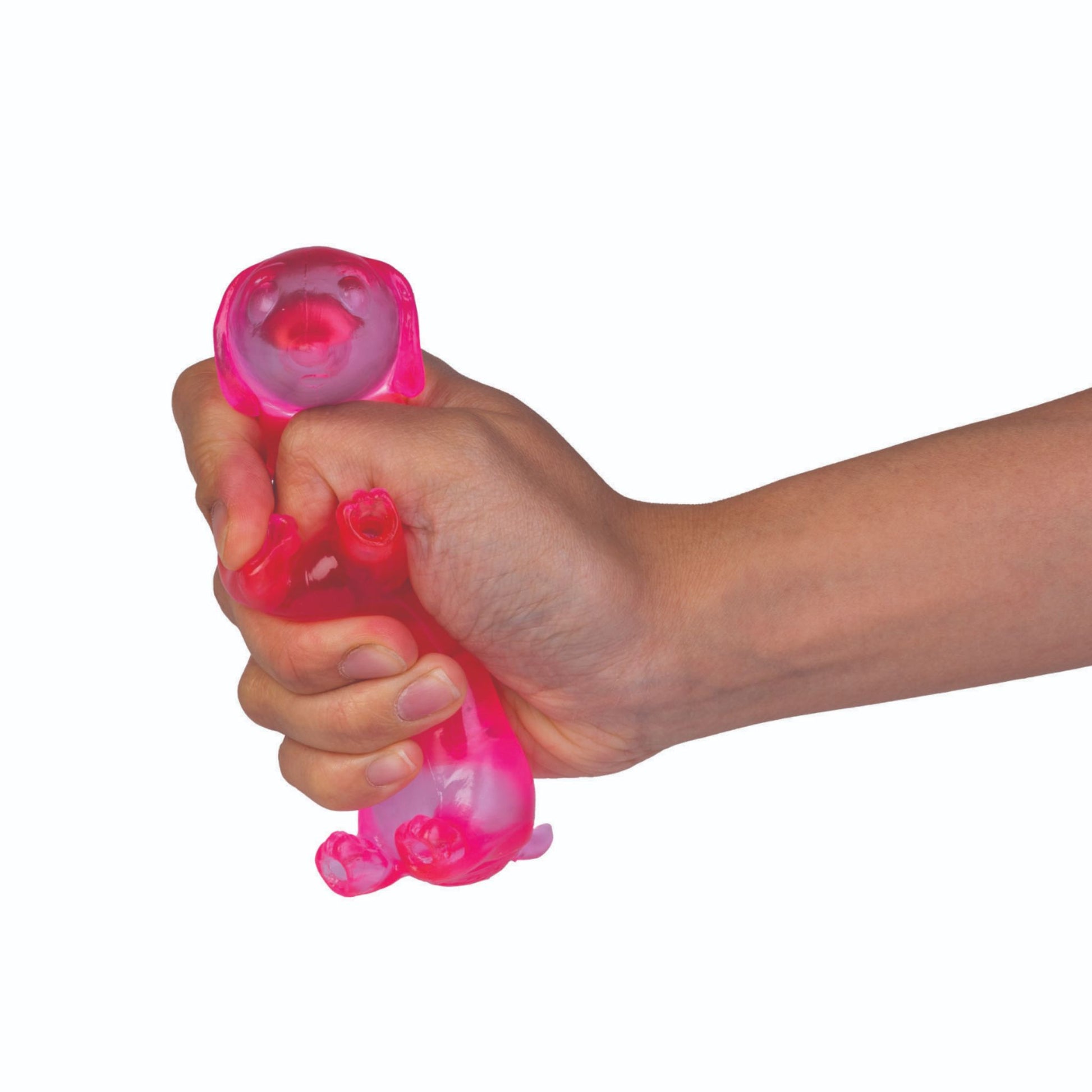Hand holding a Smooshos Super Squeeze Dachshund Stress Ball Squishy in Pink