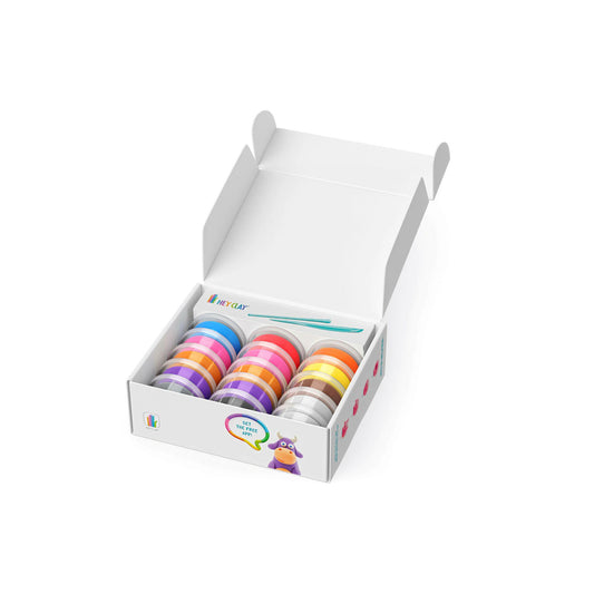 Open box of Hey Clay Animals air-dry clay for quiet sensor play on a white background