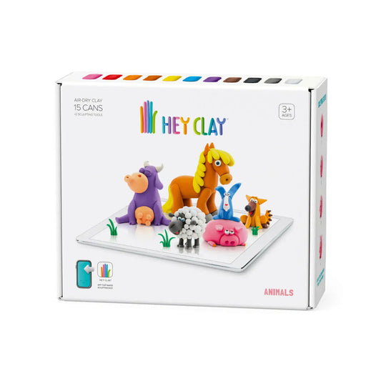 Box of Hey Clay Animals air-dry clay with animal figures and colour swatches on a white background