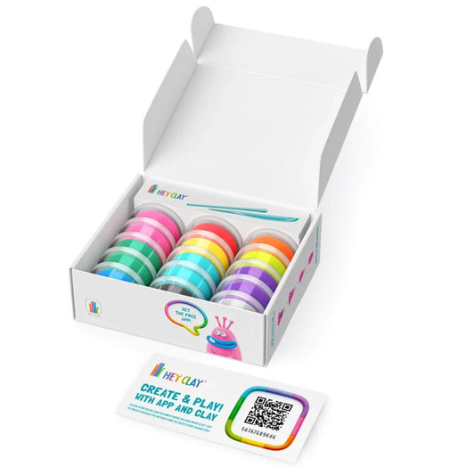 Open box of Hey Clay air-dry clay showing the QR code for the app on a white background