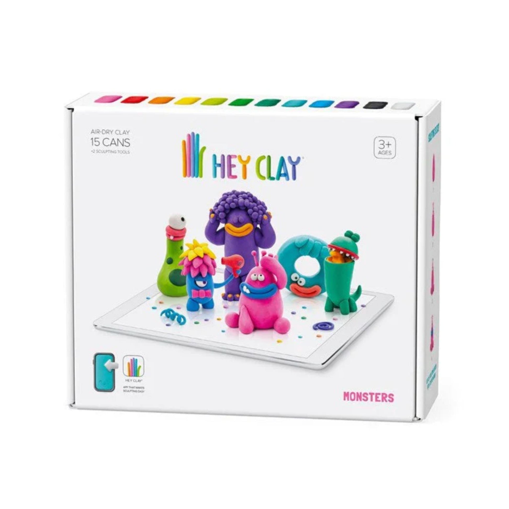 Box of Hey Clay air-dry clay with colourful monsters for quiet sensory play on a white background