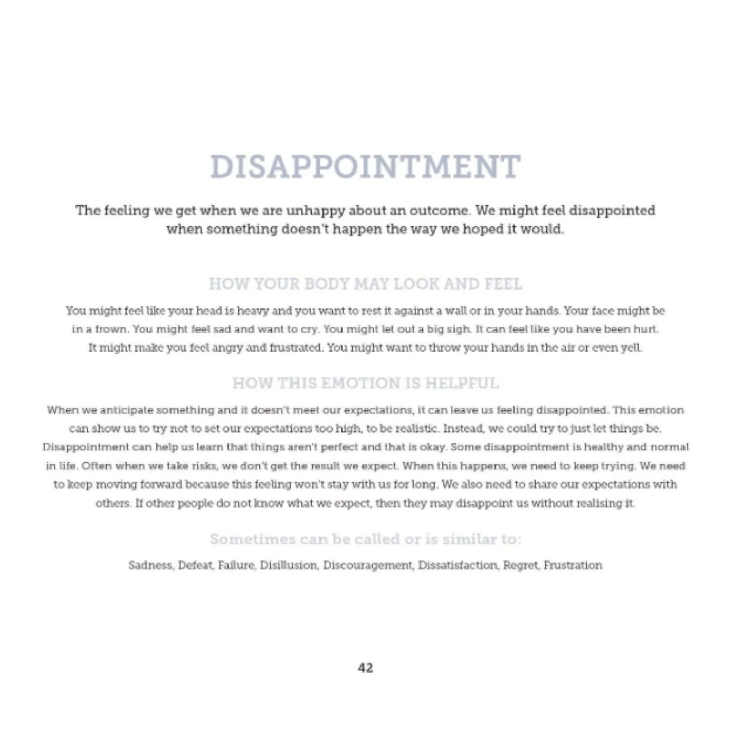 The "disappointment" page from the book, "How Do I Feel A Dictionary of Emotions for Children" by Craig Phillips