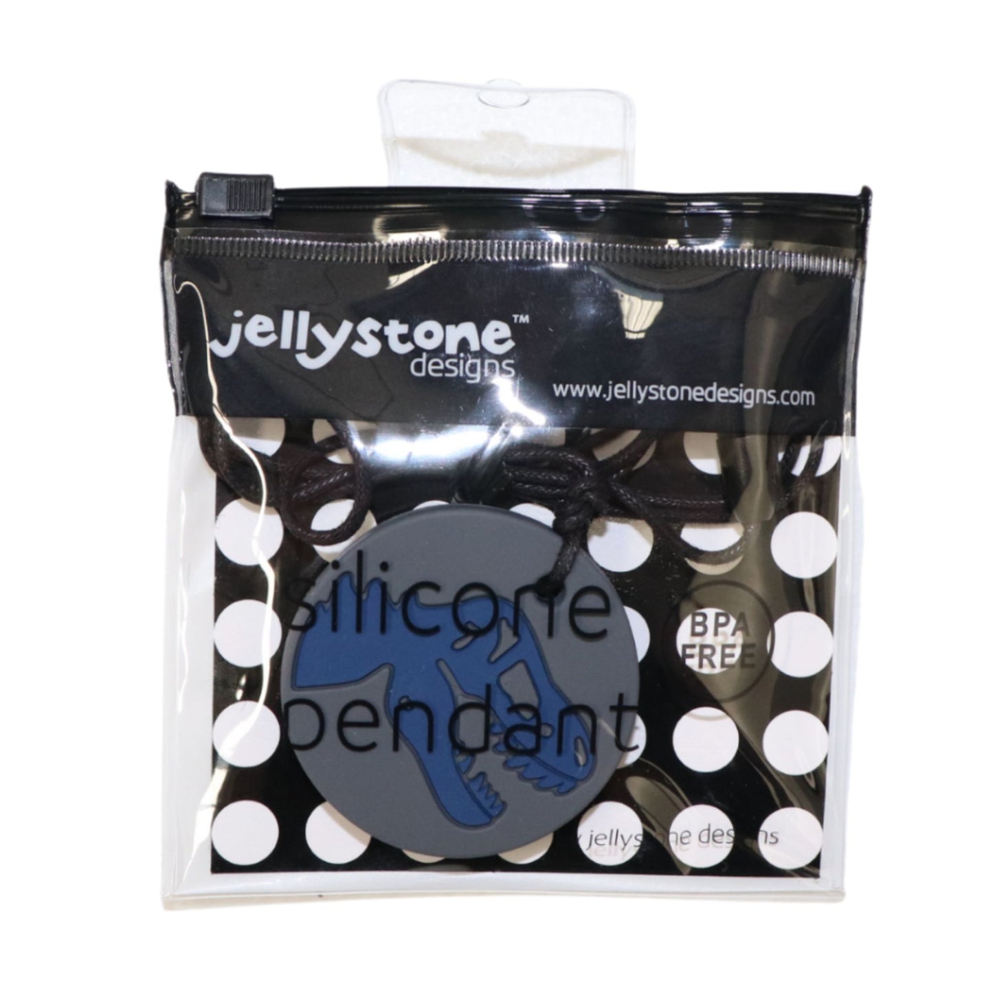 Jellystone Designs Chew Necklace in Dino Grey and Blue in packaging
