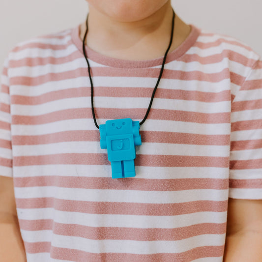 Child wearing Jellystone Designs Chew Necklace Robot in Blue Hawaiian