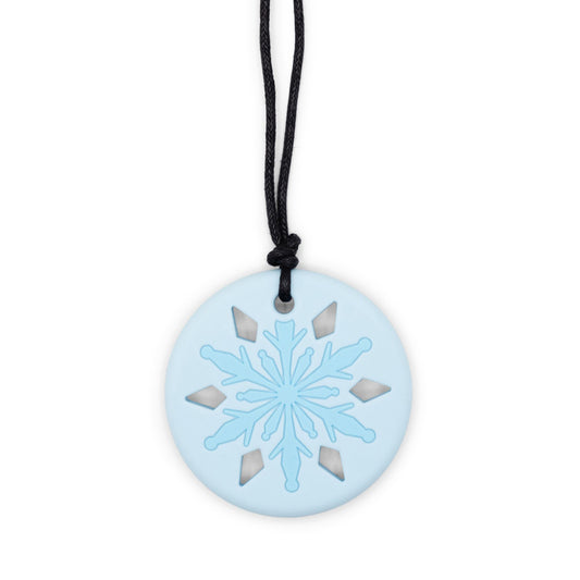Chewable necklace with a light blue snowflake pendant on a white background