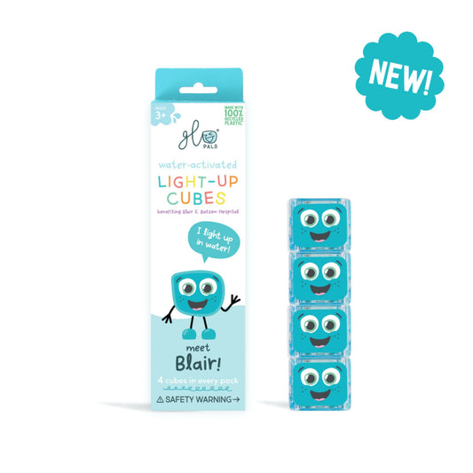 Packaging of light-up sensory light cubes with a character named Blair on a white background