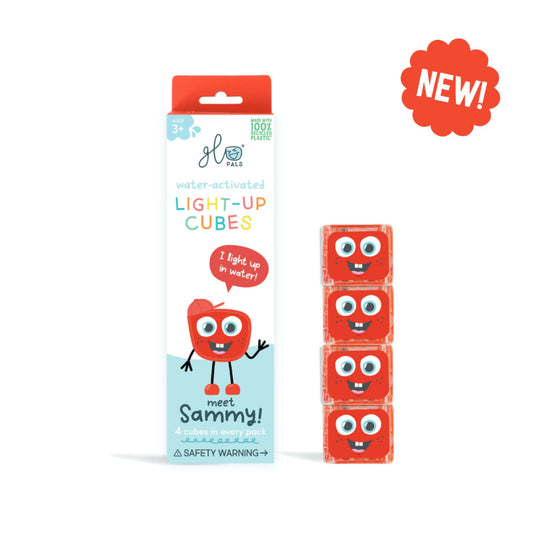 Packaging of glo cubes with a cartoon character and 'NEW!' label on a white background