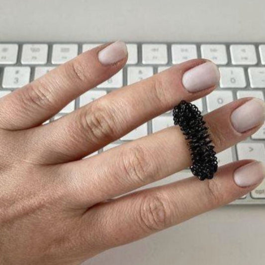 Person wearing the Finger Spikey by Kaiko Fidgets in Black on their finger