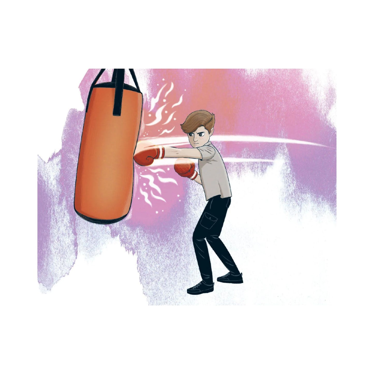Page of 'Let It Flow' book showing an illustration of a person punching a boxing bag against a colourful background