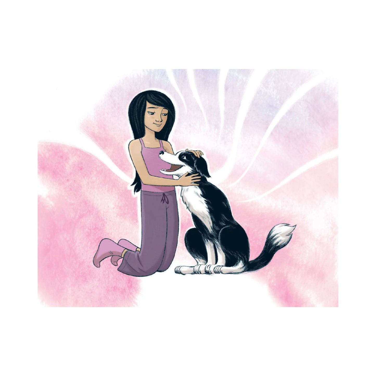 Page of 'Let It Flow' book showing an illustration of a girl kneeling and petting a black and white dog on a pink and white background.