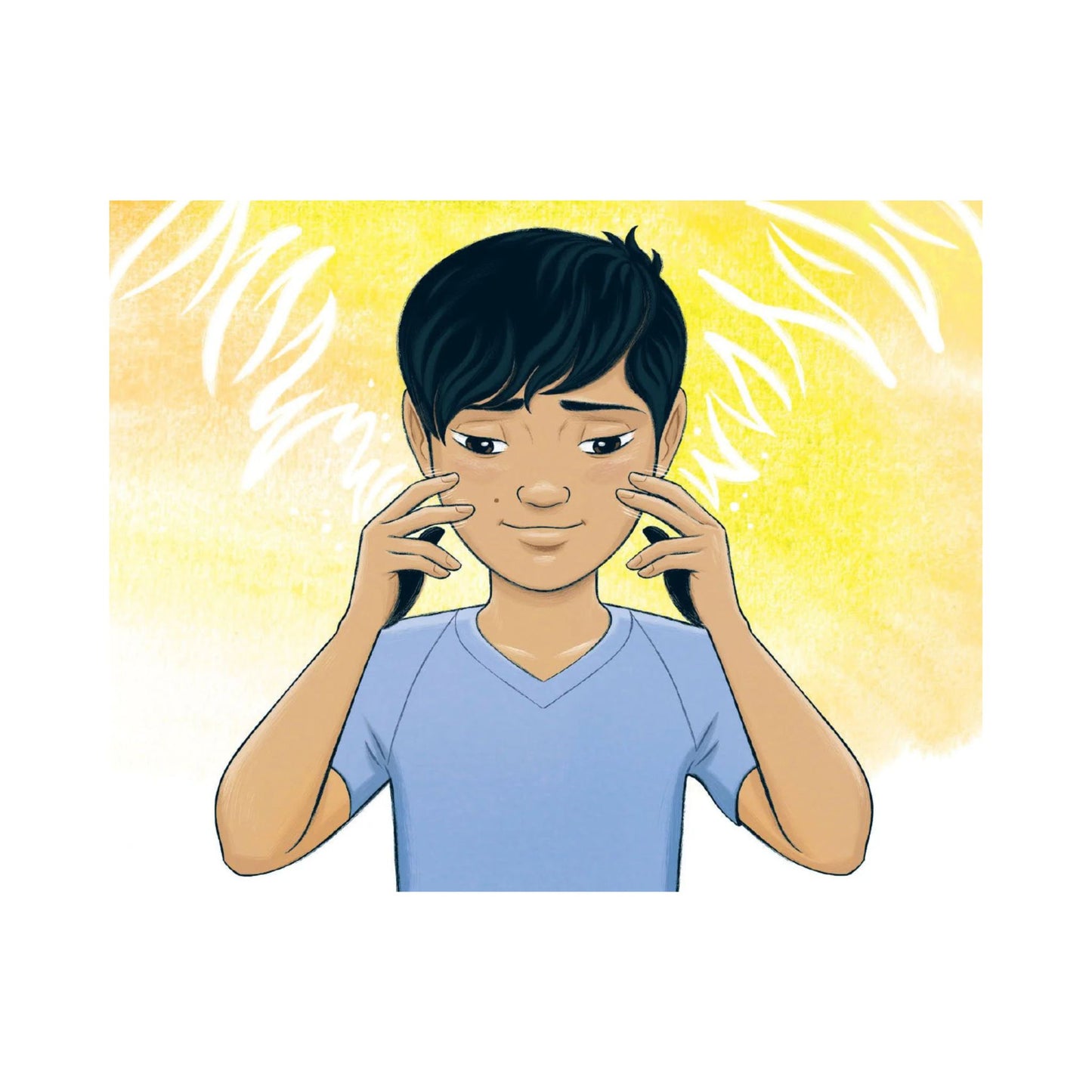 Page of 'Let It Flow' book showing an illustration of a person with hands on face against a yellow background