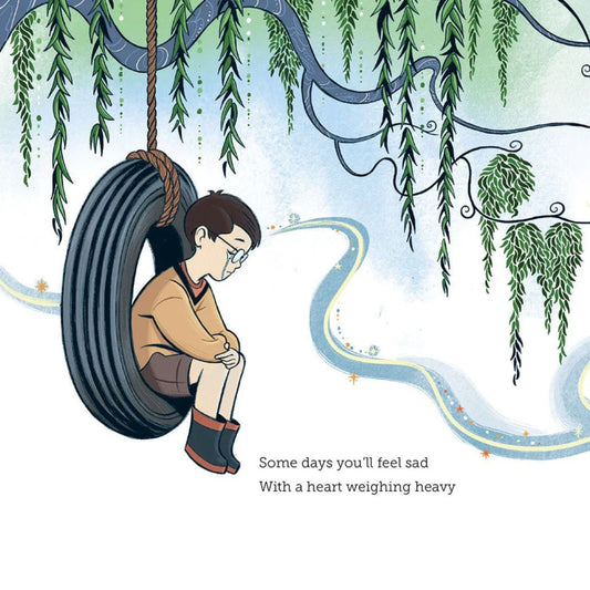 Page from Let It Go showing an illustration of a boy sitting on a tire swing.