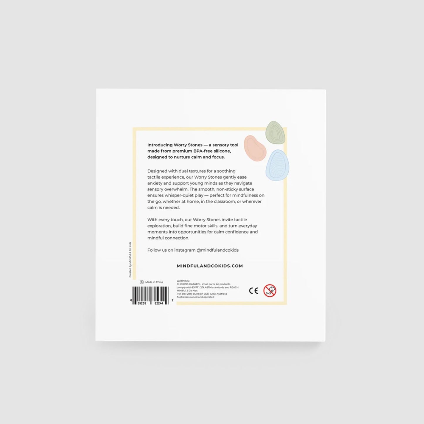 Back packaging of Mindful Co & Kids silicone worry stones on a white background