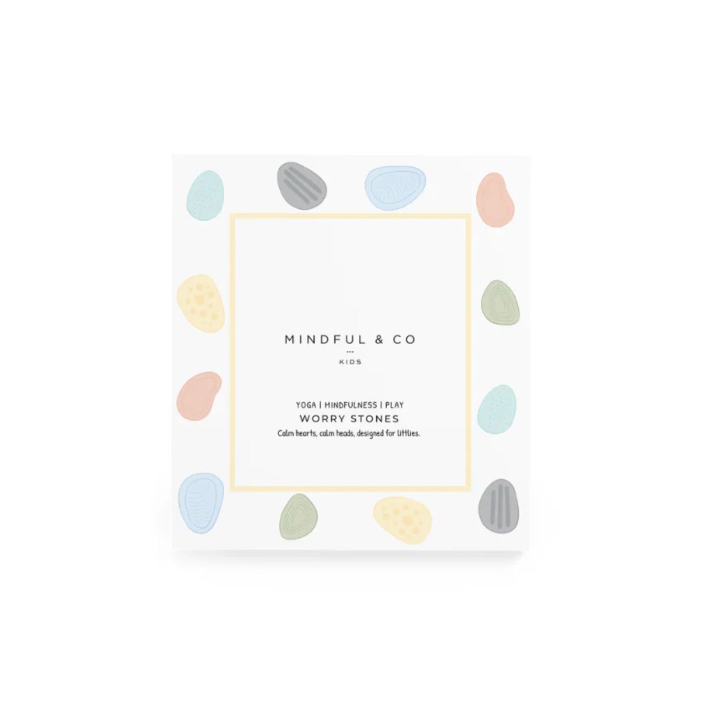 Front packaging of Mindful Co & Kids silicone worry stones on a white background