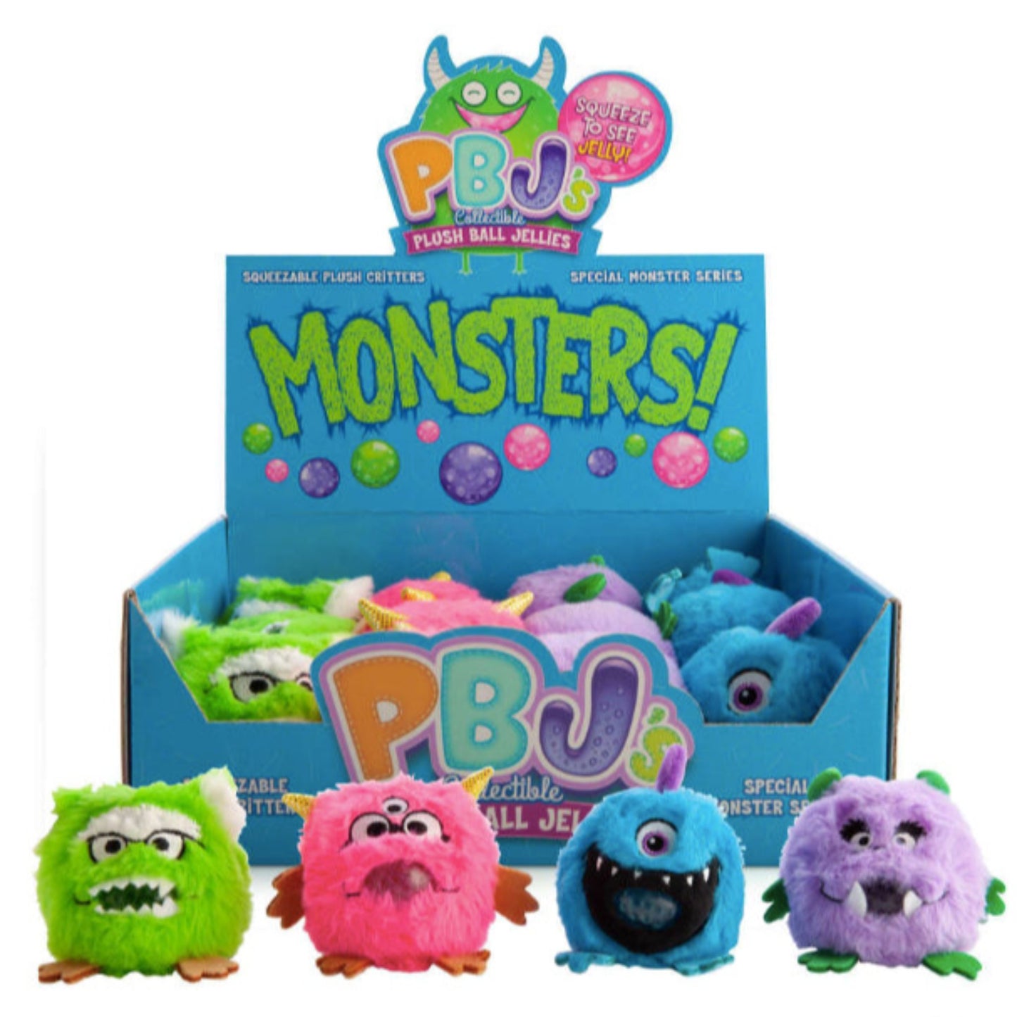 Monsters Plush Ball Jellies Squishy Plush toys in green, pink, blue and purple