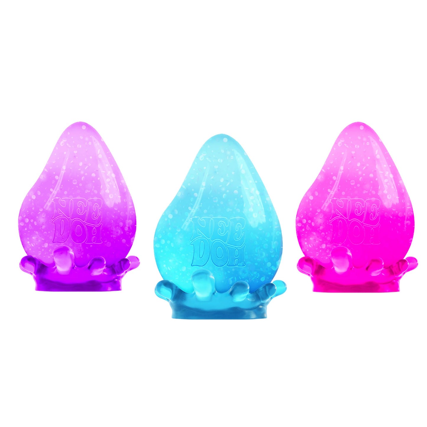NeeDoh Dream Drop squishy balls in purple, blue and pink colours on a white background