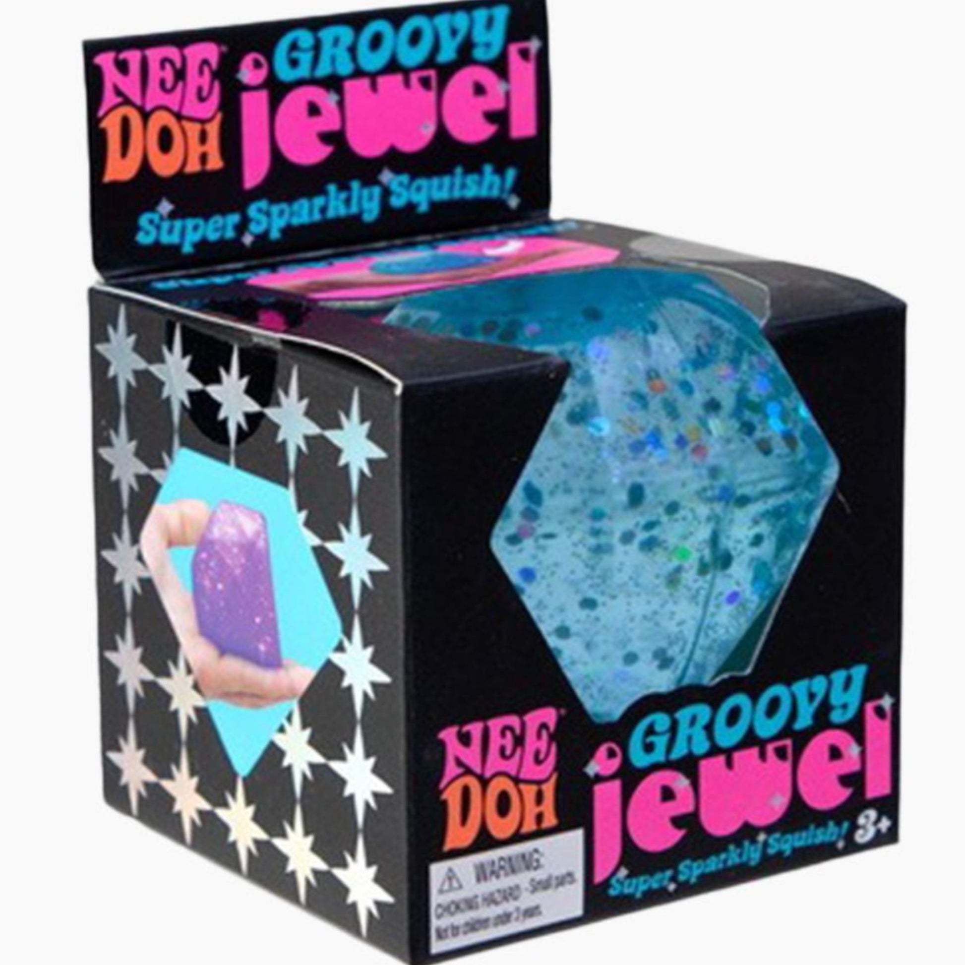 Blue NeeDoh Groovy Jewel diamond-shaped squishy ball with a glittery texture in packaging on a white background