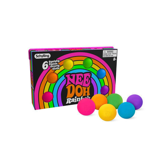 Carry case of Schylling Nee Doh "Rainboh" squiahy stress balls on a white background