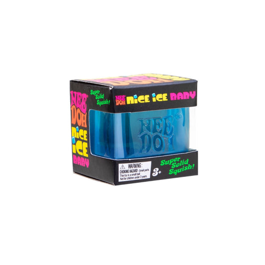 Blue NeeDoh Teenie Nice Ice Baby ice cube squishy stress ball in packaging against a white background