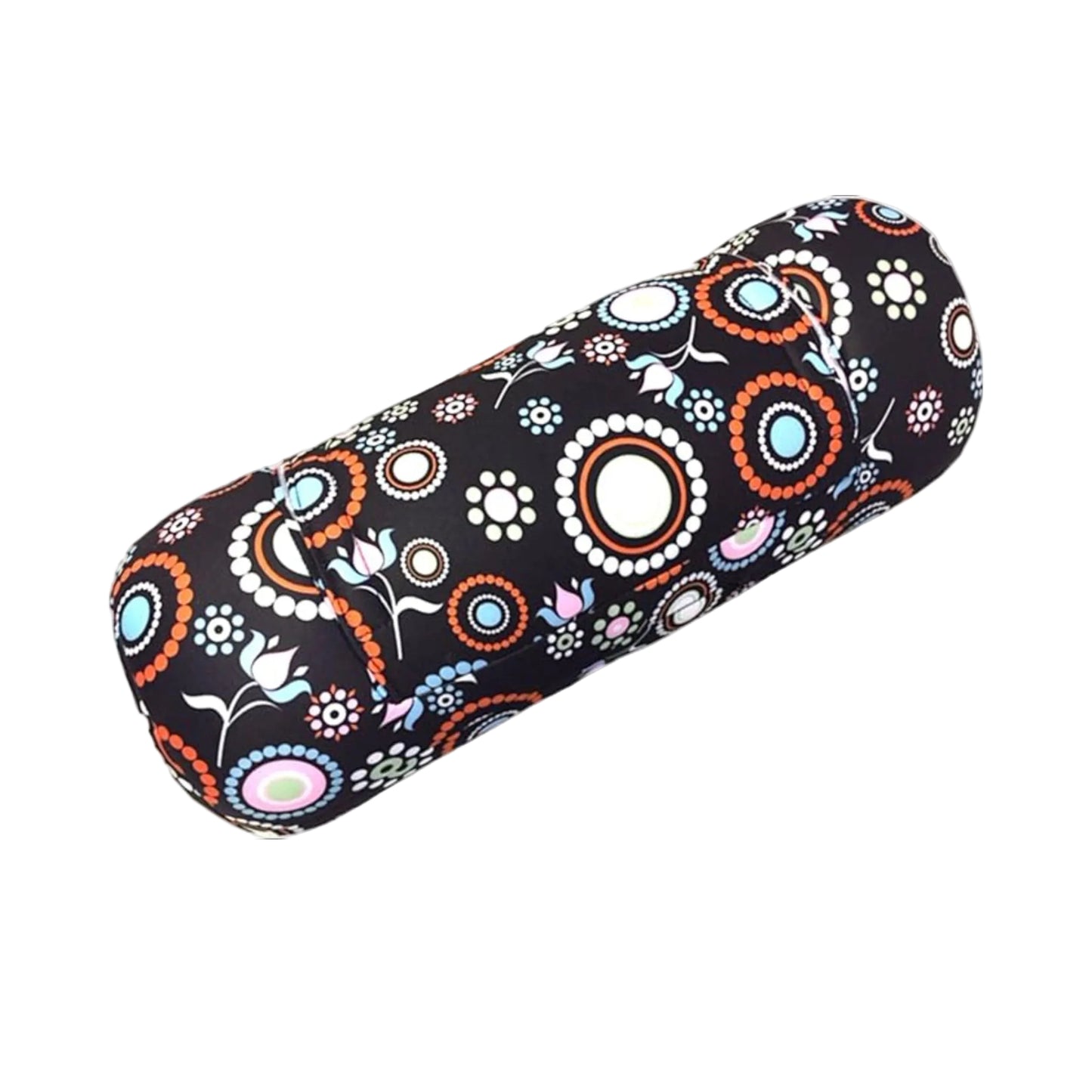 Decorative cylindrical vibrating pillow with floral pattern on a white background
