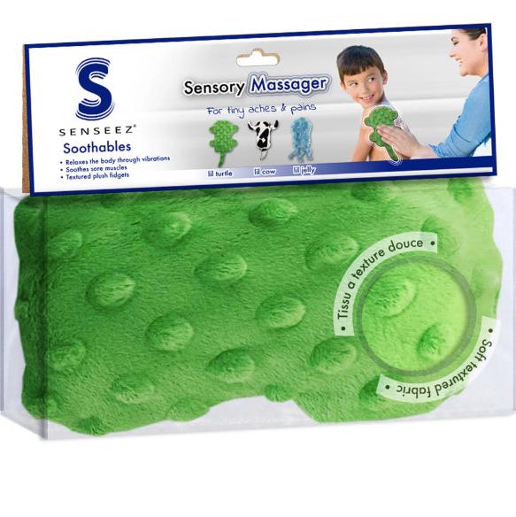 Packaging of the Senseez Soothables Sensory Massager in the Lil Turtle pattern