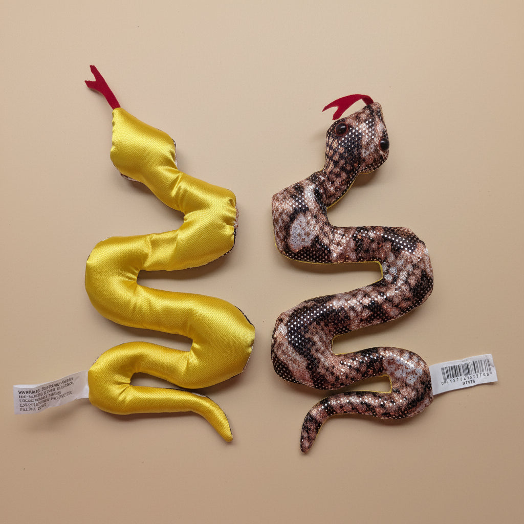 Two snake-shaped toys, one yellow and one with a pattern, on a light wooden surface.