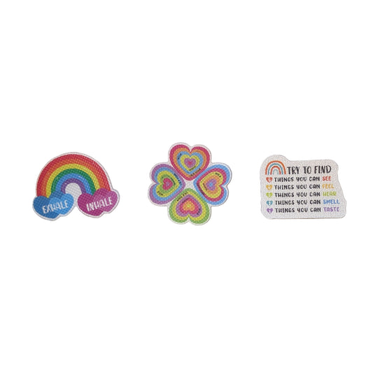 Sensory Stickers 3-pack with Rainbow, Hearts, Writing designs on white background