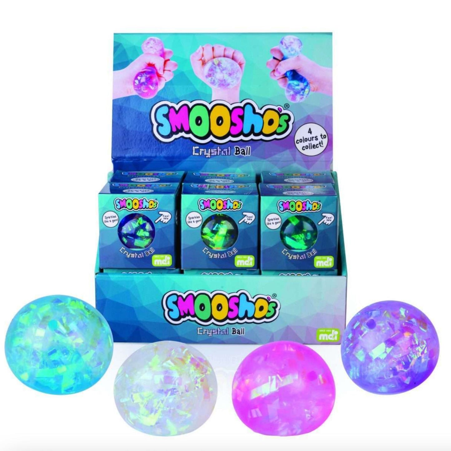 Smoosho's Crystal Ball Stress Ball Squishies in Blue, Clear, Pink and Purple with box