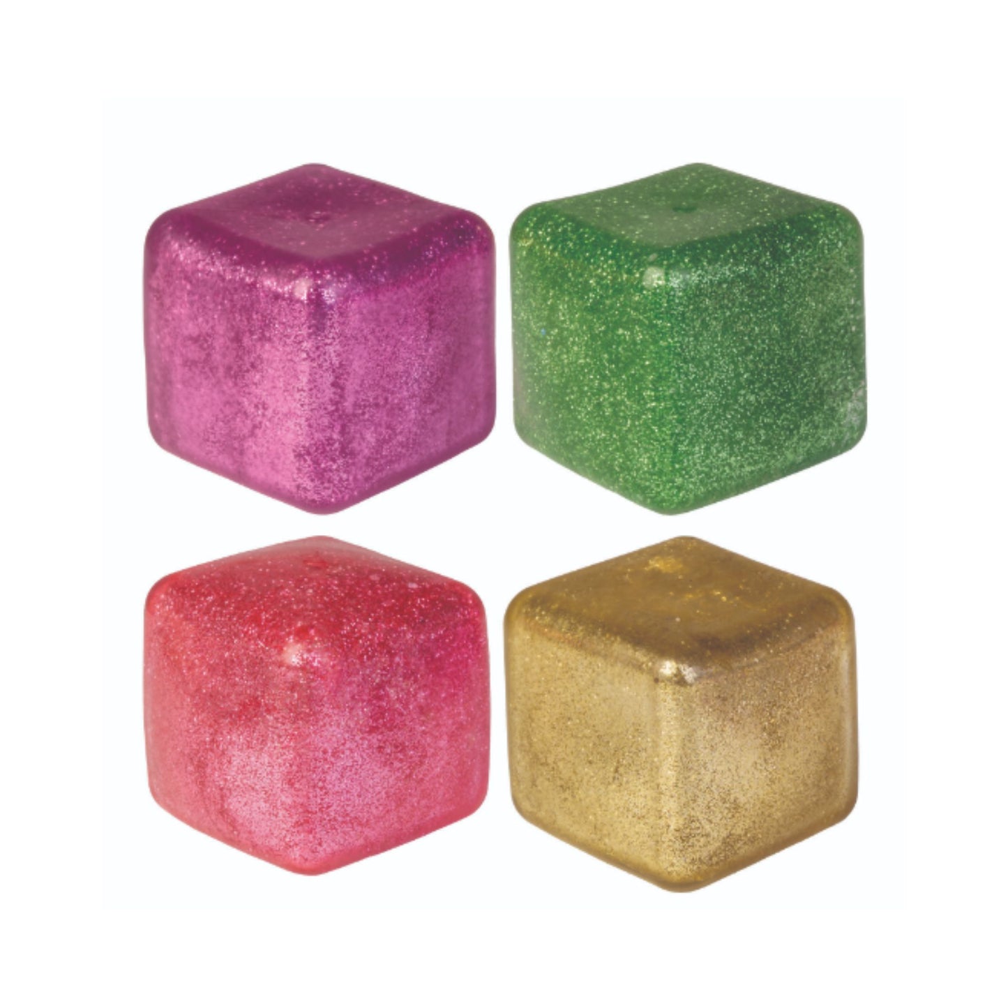 Assortment of Smooshos Jelly Cube Glitter Squishy in Purple, Green, Pink, Gold