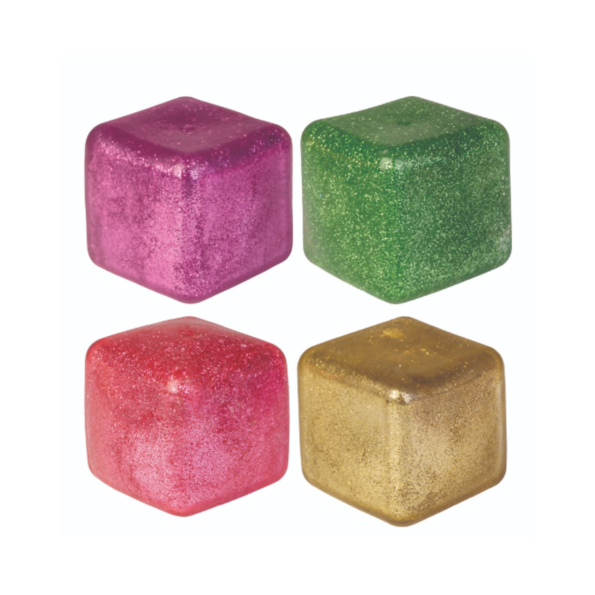 Assortment of Smooshos Jelly Cube Glitter Squishy in Purple, Green, Pink, Gold