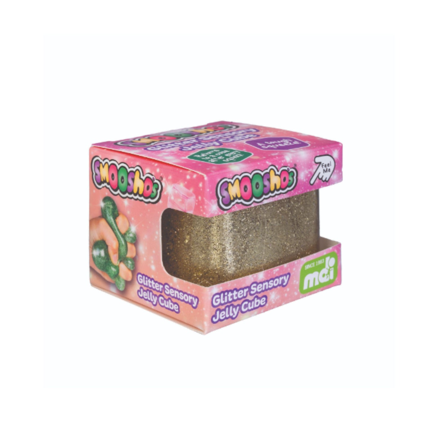 Smooshos Jelly Cube Glitter Squishy in Gold in packaging box