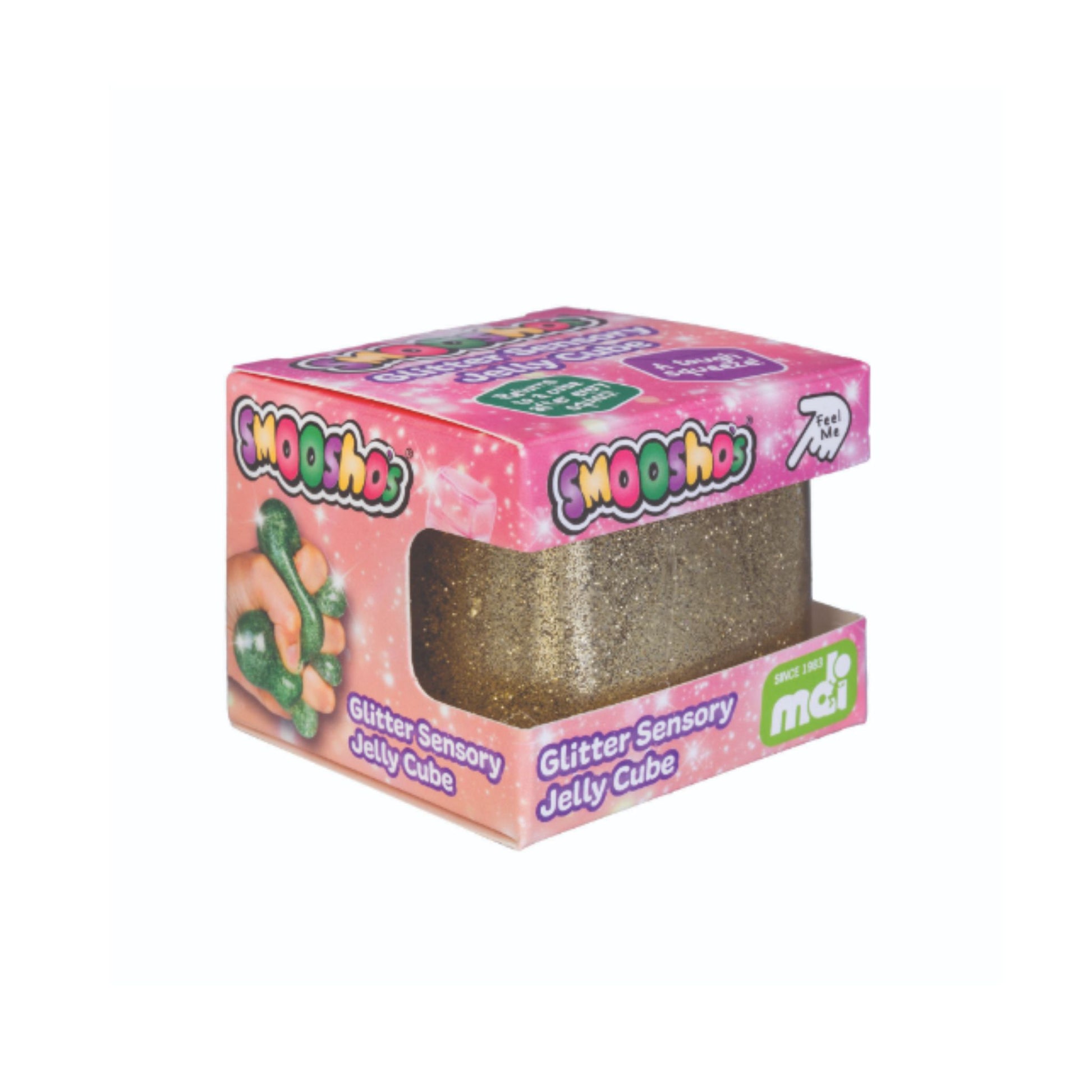 Smooshos Jelly Cube Glitter Squishy in Gold in packaging box