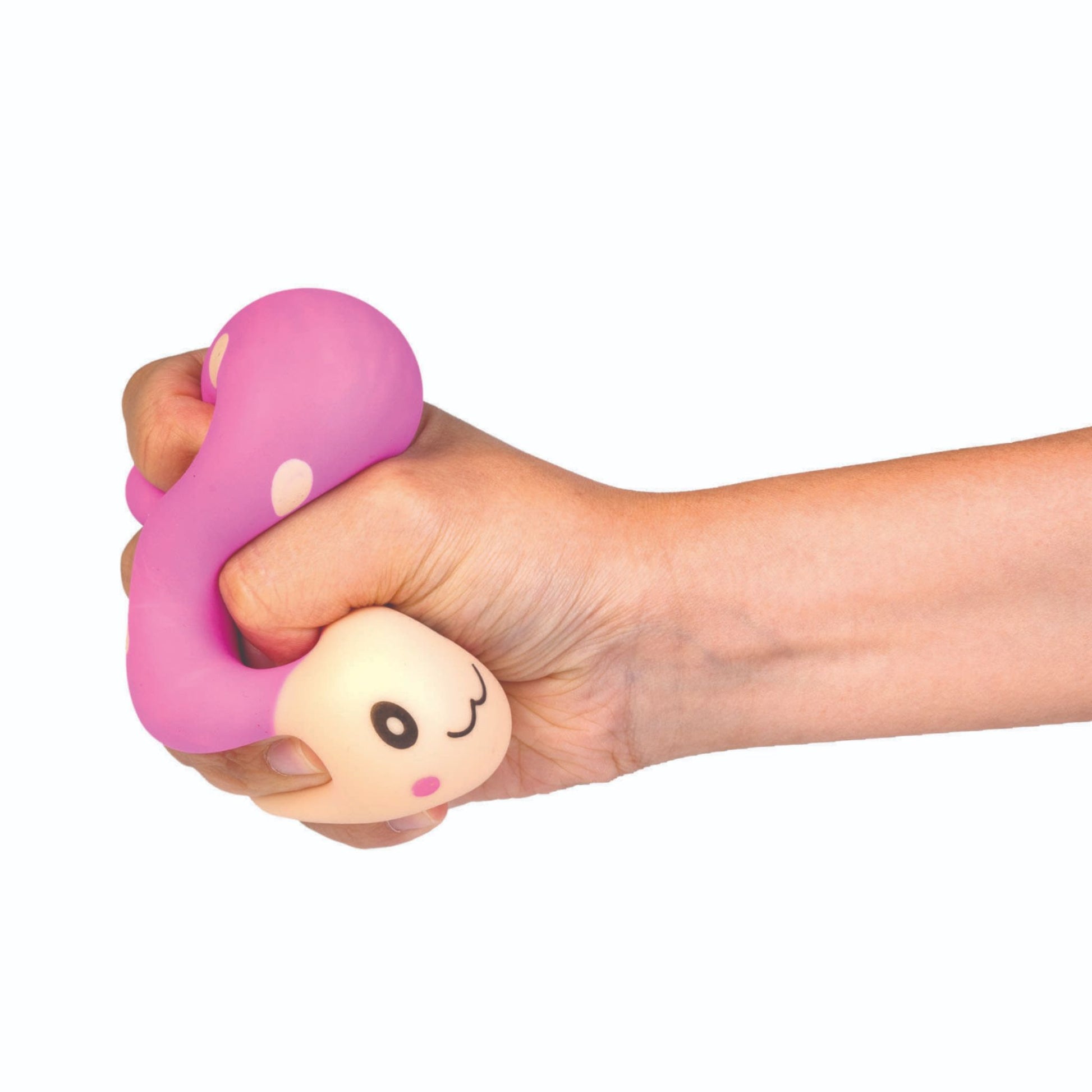 Hand squeezing Smooshos Mushroom Squishy Stress Ball in Purple