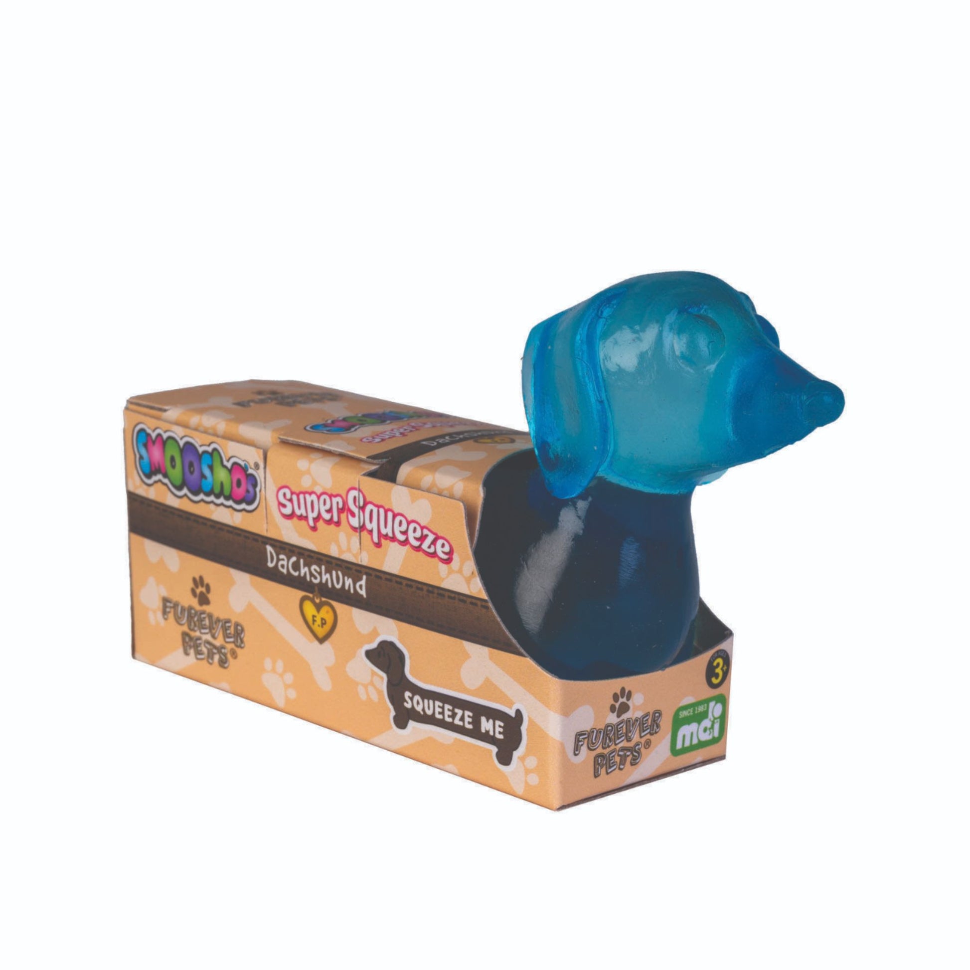 Smooshos Super Squeeze Dachshund Stress Ball Squishy in Blue in packaging