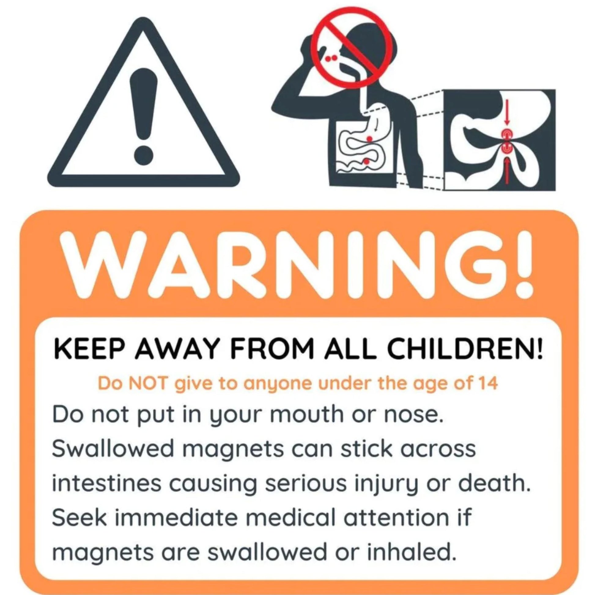 Warning label for magnets with safety instructions and hazard symbols.