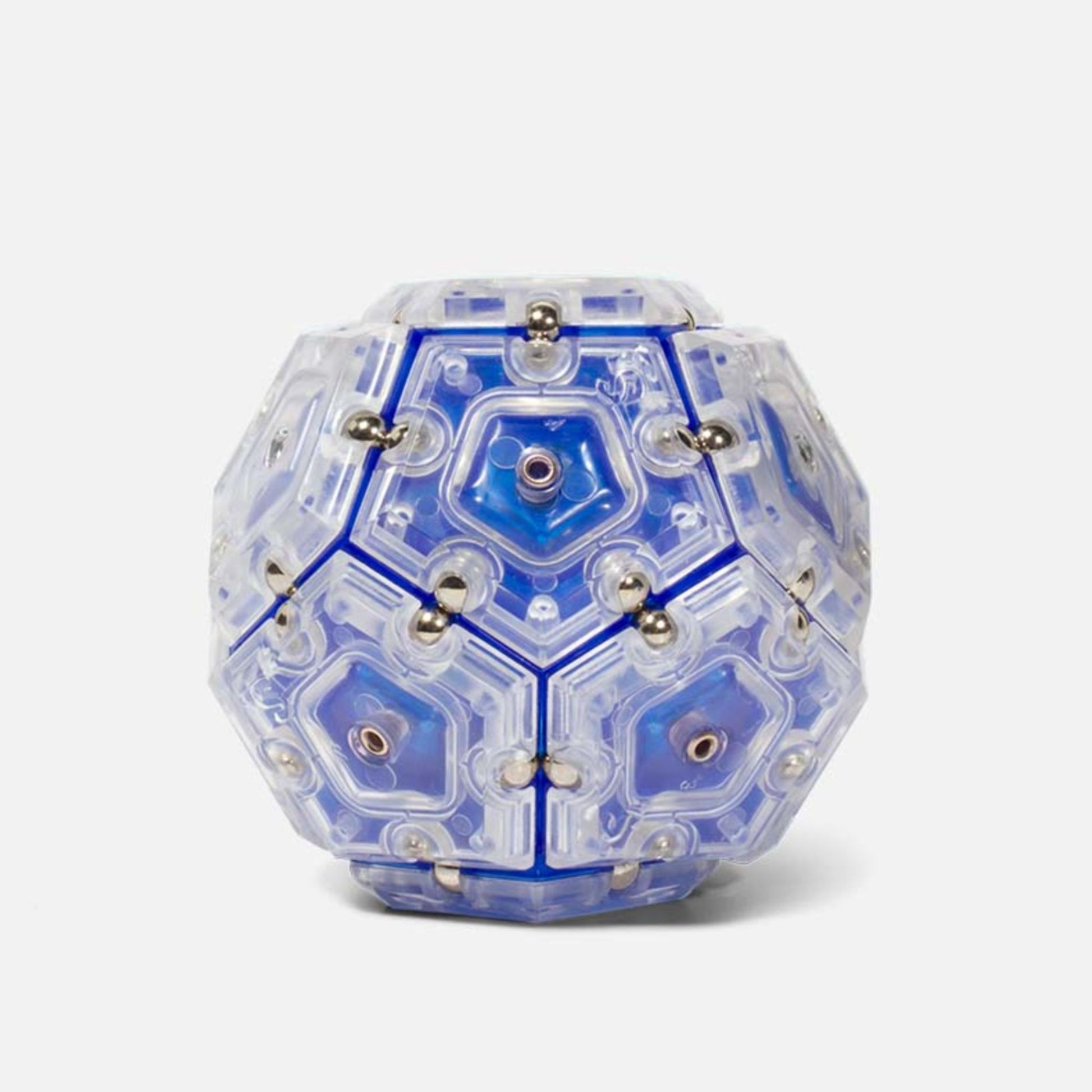 Geometric polyhedron magnetic fidget with blue and clear sections on a white background