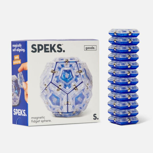 Speks magnetic fidget sphere in cobalt blue with packaging on a white background