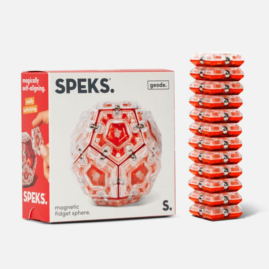 Speks Geometric fidget magnet toy with red and clear design in a tower formation on a white background