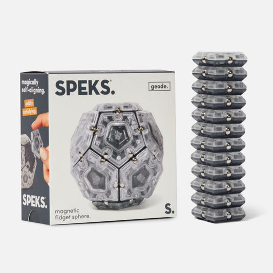 Speks Geode magnetic fidget sphere with packaging and tower structure on a white background
