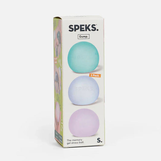 Speks Gump packaging with three original-size squishy stress balls in green, blue and purple on a white background.