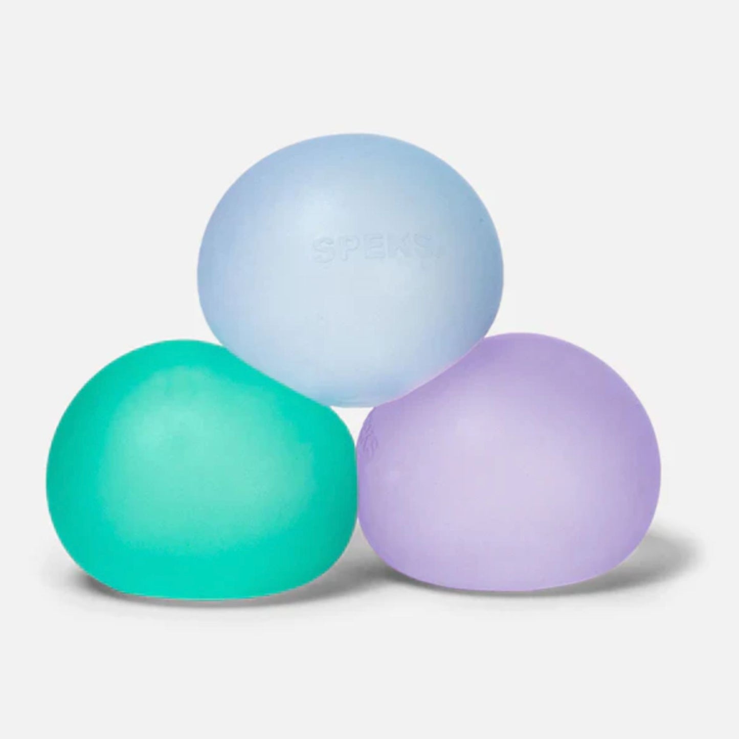 Three Speks Gump original-size squishy stress balls in green, blue and purple on a white background.